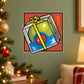 Square sticker with illustrated gift box and yellow ribbon, green ornament and blue base