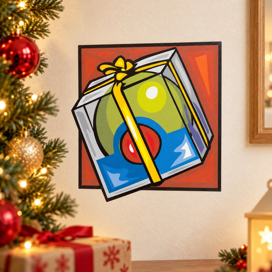 Colorful gift present sticker with illustrated wrapped box and bow