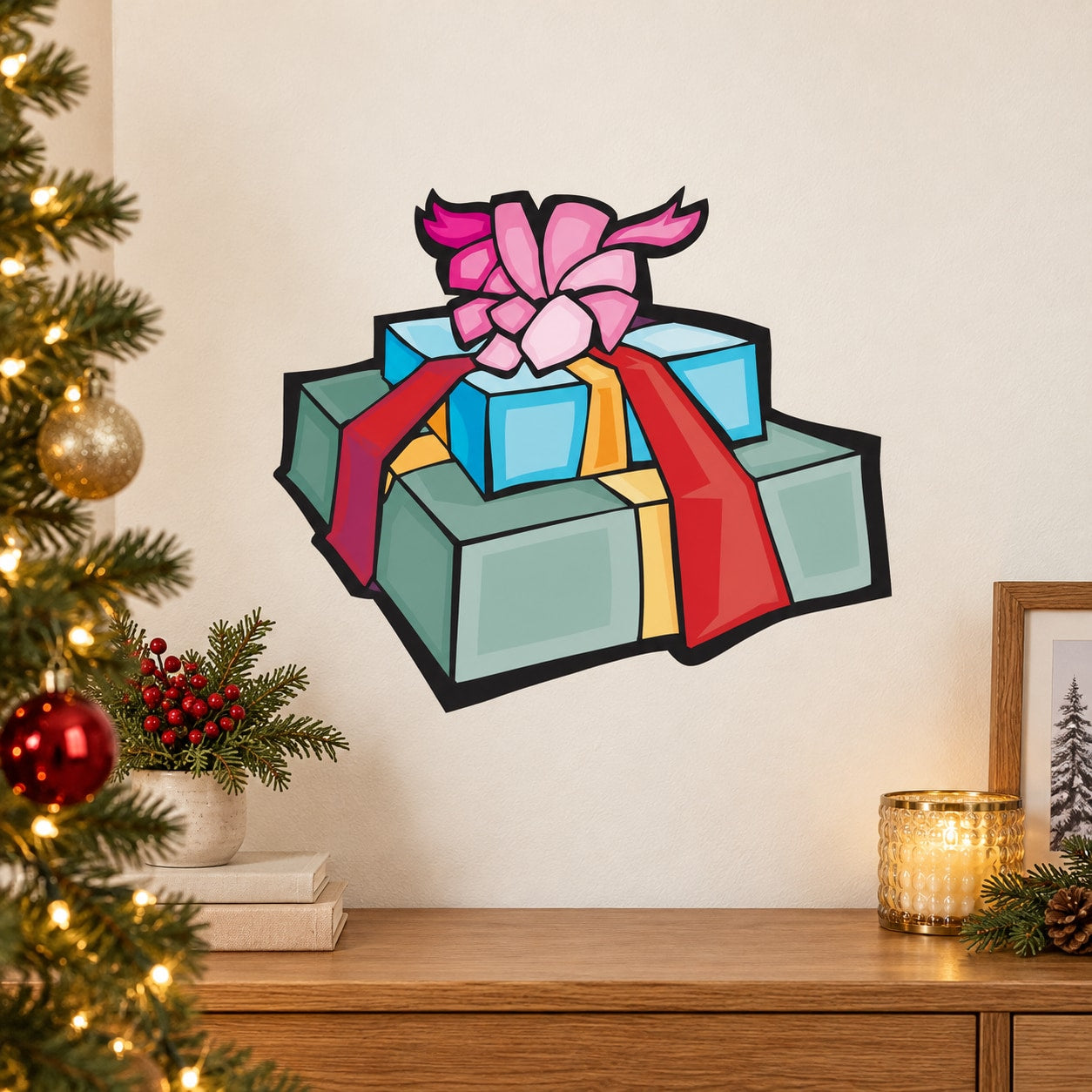 Stacked gift presents sticker with pink bow and ribbon, colorful boxes on white.