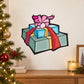 Stacked gift presents sticker with pink bow and ribbon, colorful boxes on white.