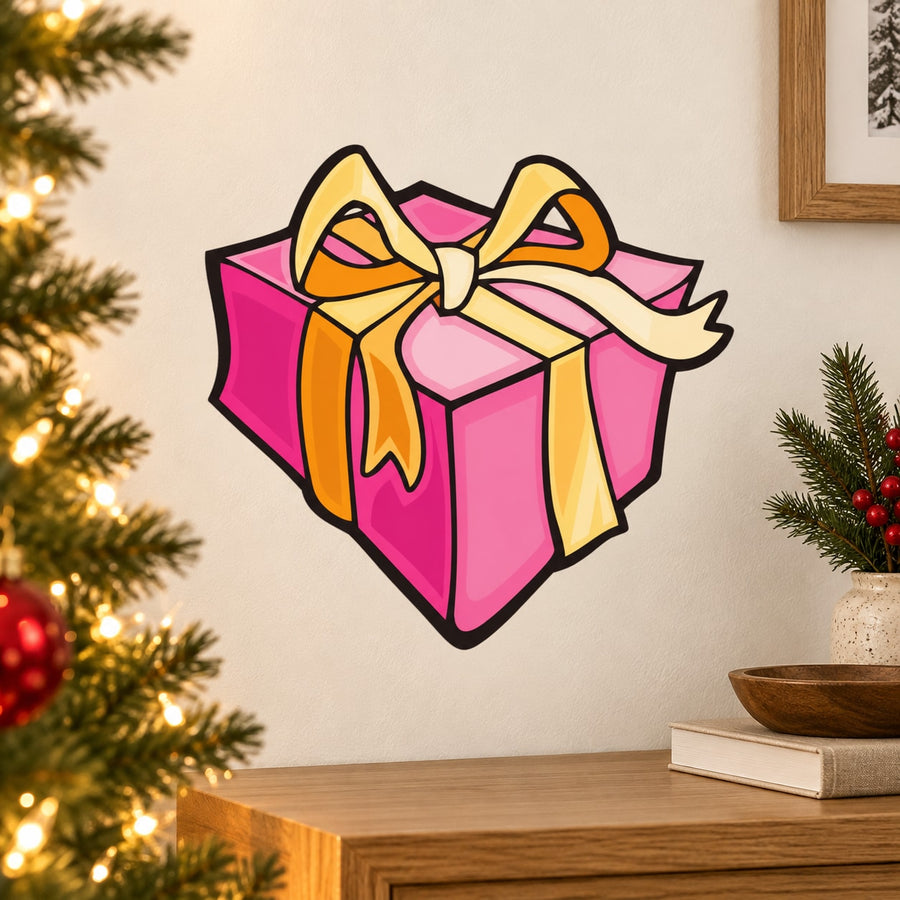 Wrapped gift sticker with colorful bow, pink box with yellow and purple ribbon