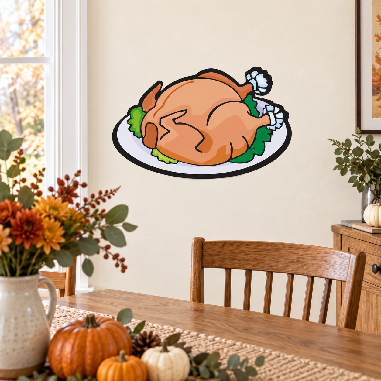 Thanksgiving dressed turkey sticker, cartoon turkey in orange hat and green accents