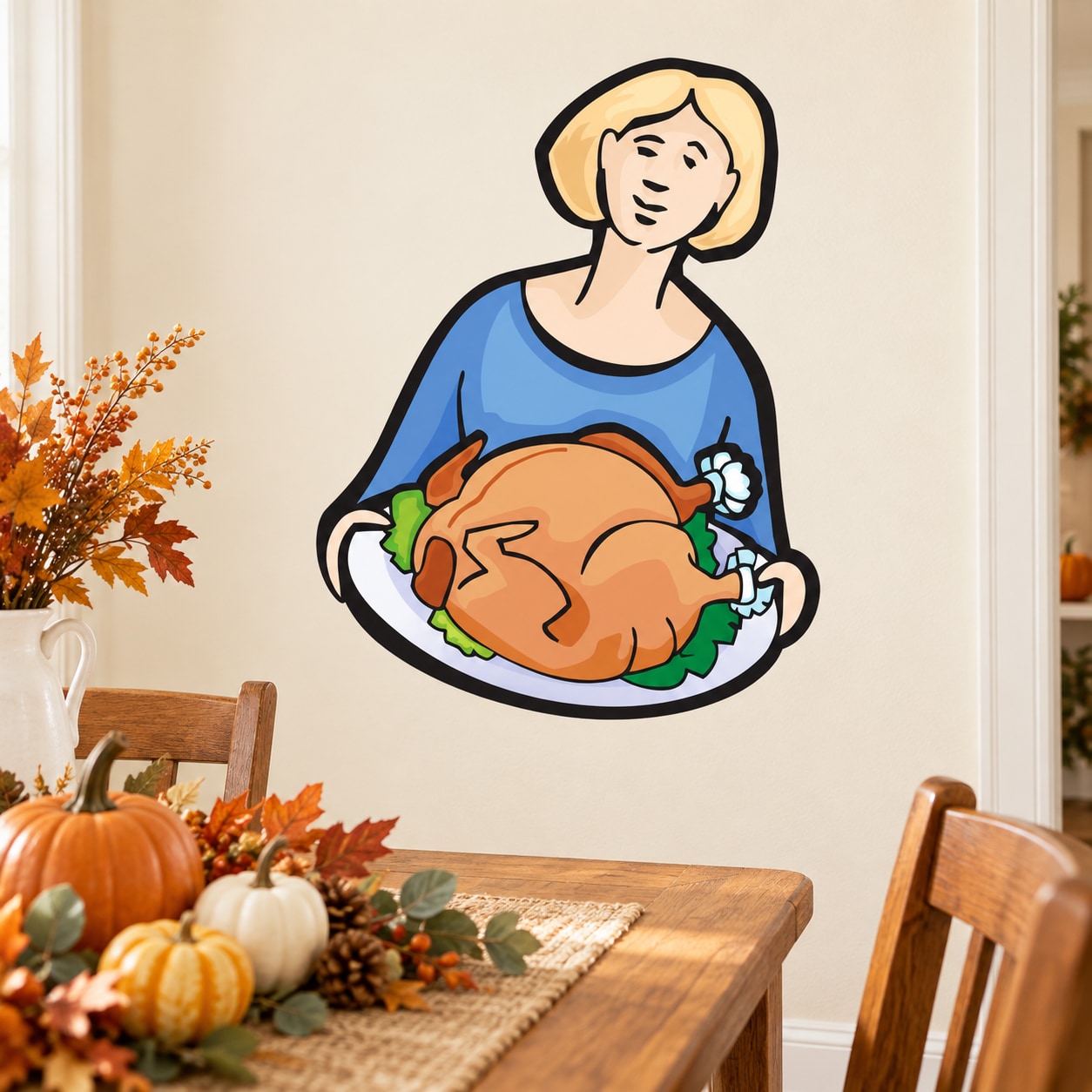 Thanksgiving woman holding turkey plate wall decal, cartoon illustration
