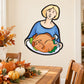 Thanksgiving woman holding turkey plate wall decal, cartoon illustration