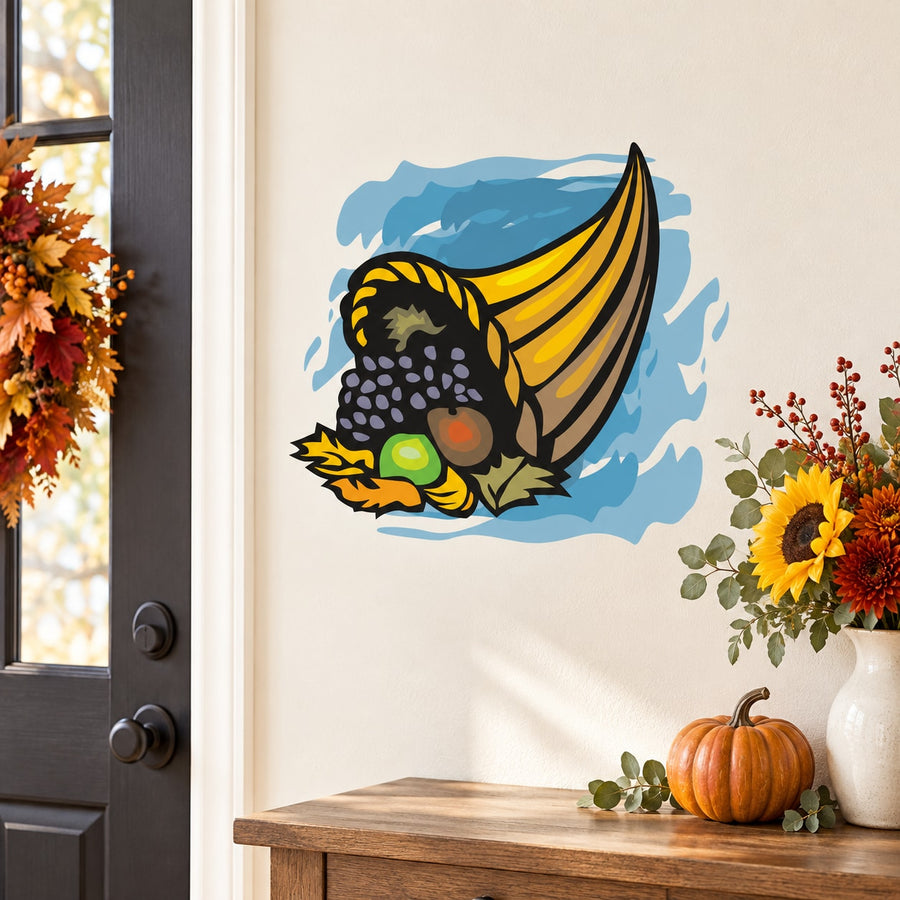 Fall cornucopia sticker with blue splash, autumn leaves and fruit
