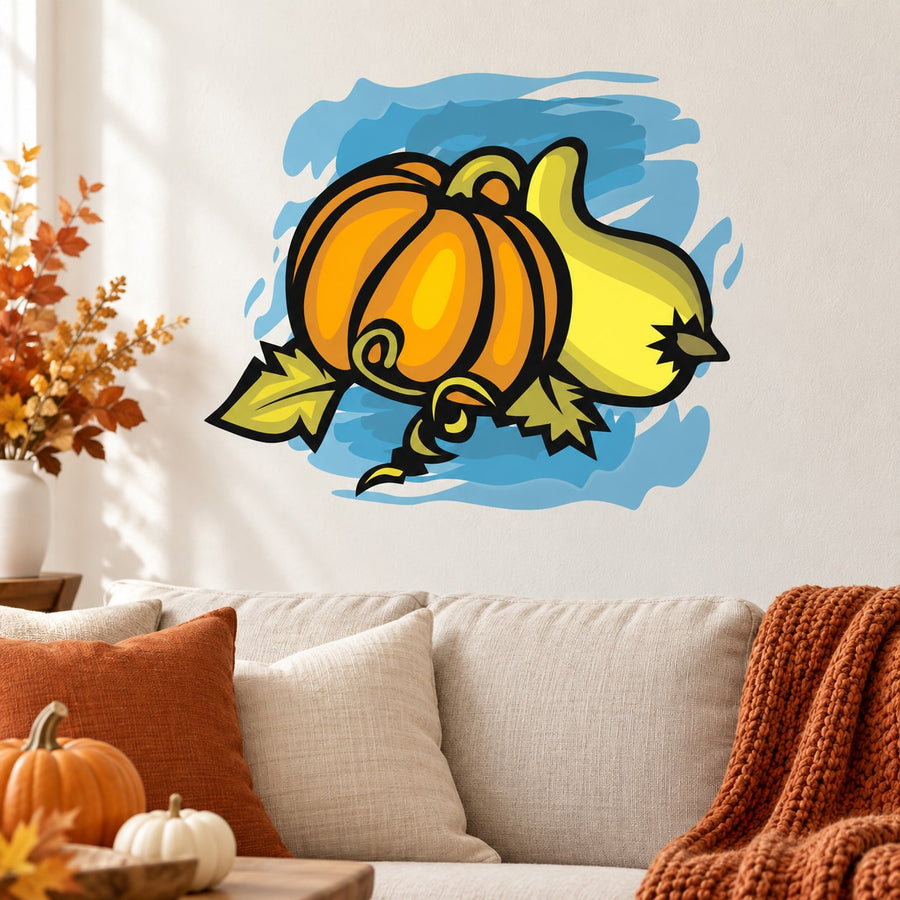 Thanksgiving pumpkin squash sticker showing a cartoon orange and yellow pumpkin with leaves
