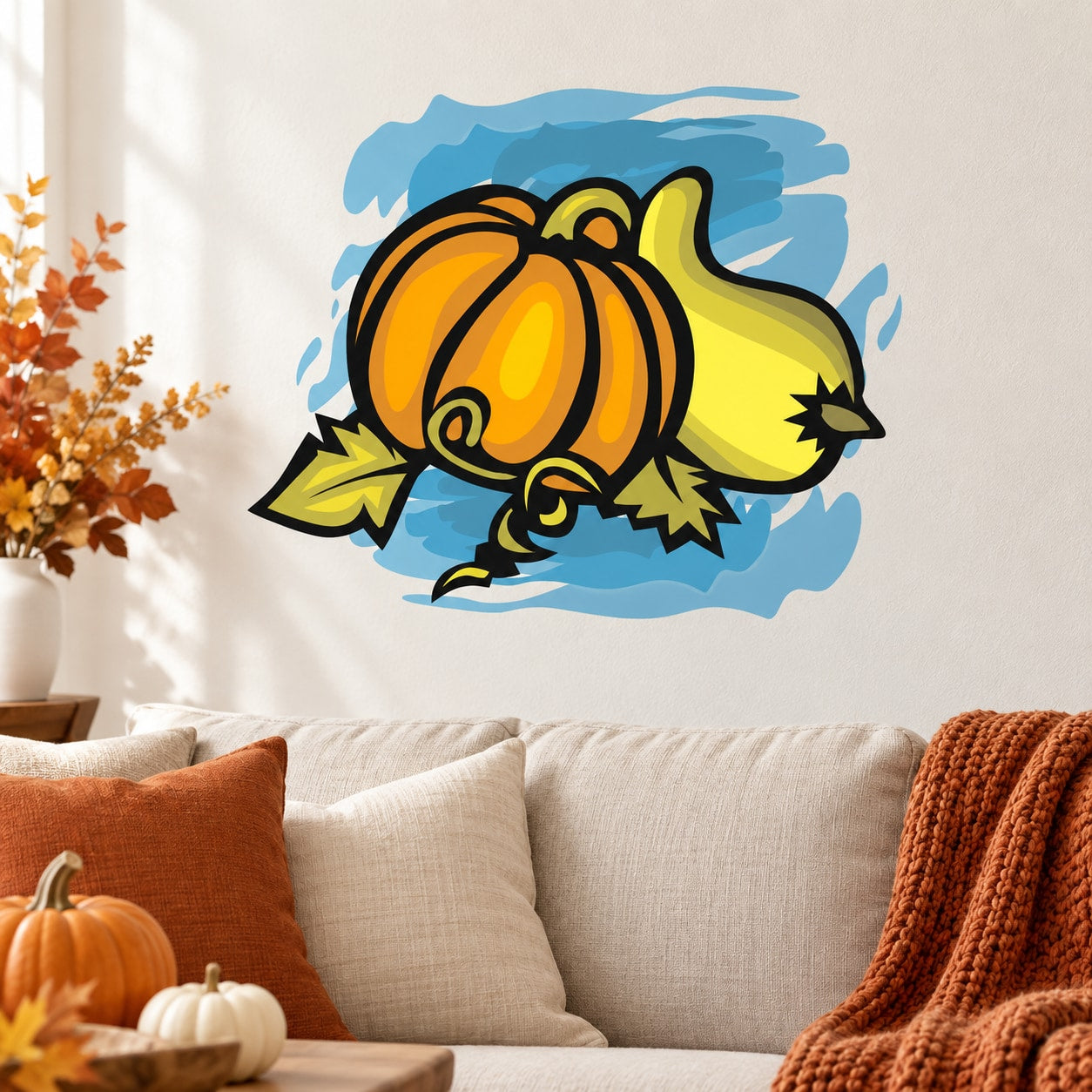 Thanksgiving pumpkin squash sticker showing a cartoon orange and yellow pumpkin with leaves