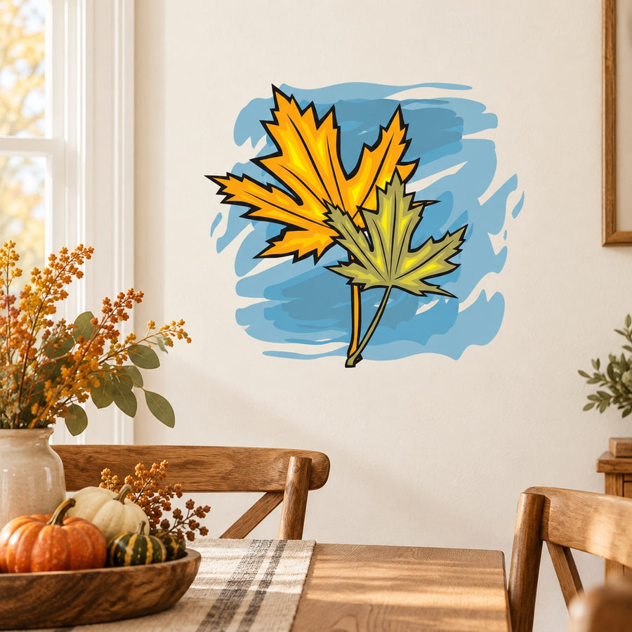 Thanksgiving maple leaf wall sticker, yellow and orange leaves on blue splash