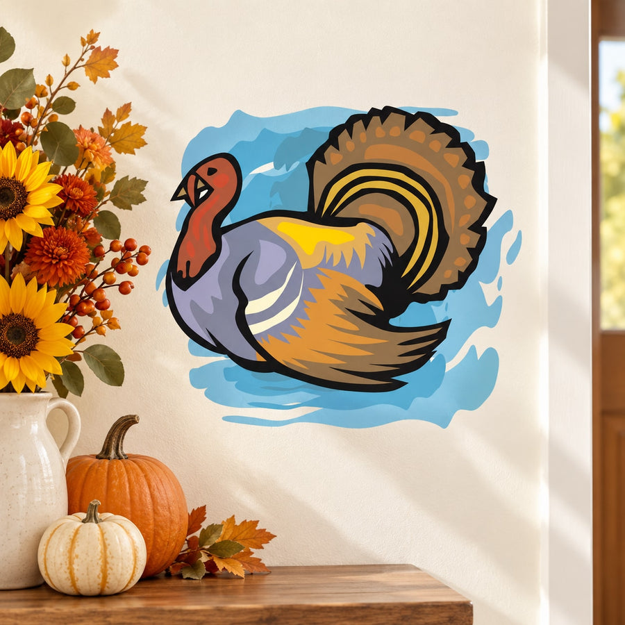 Thanksgiving turkey resting cartoon sticker, brown and gray turkey in blue wave circle