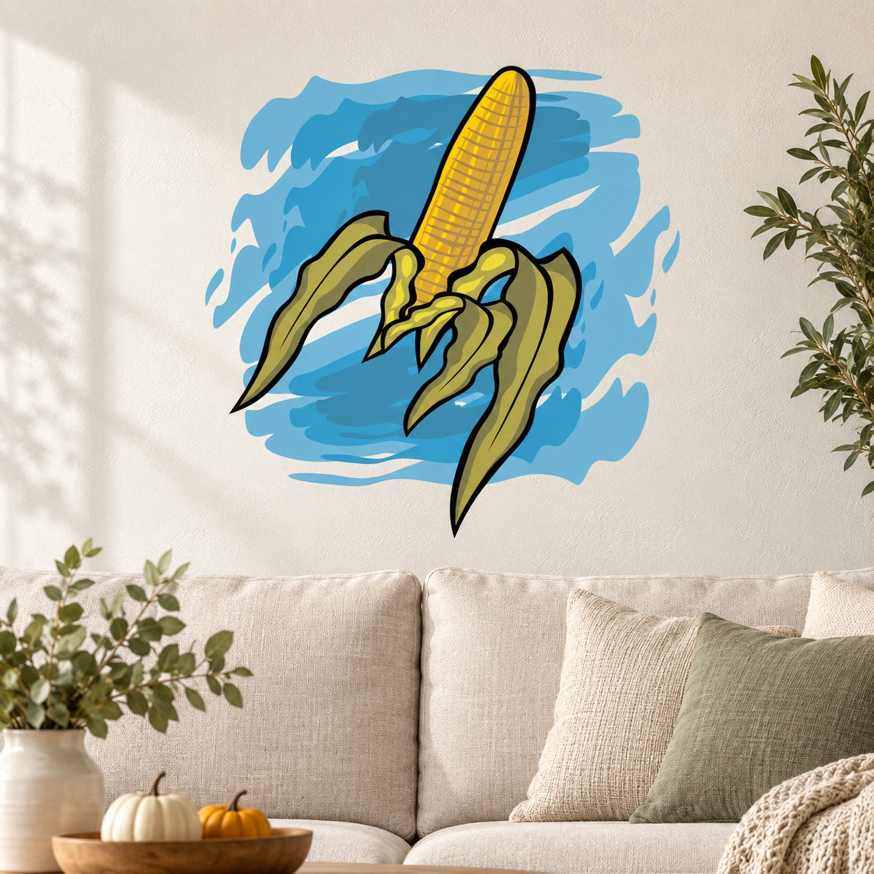 Corn on the cob die-cut decal with yellow kernels and blue wave splash.