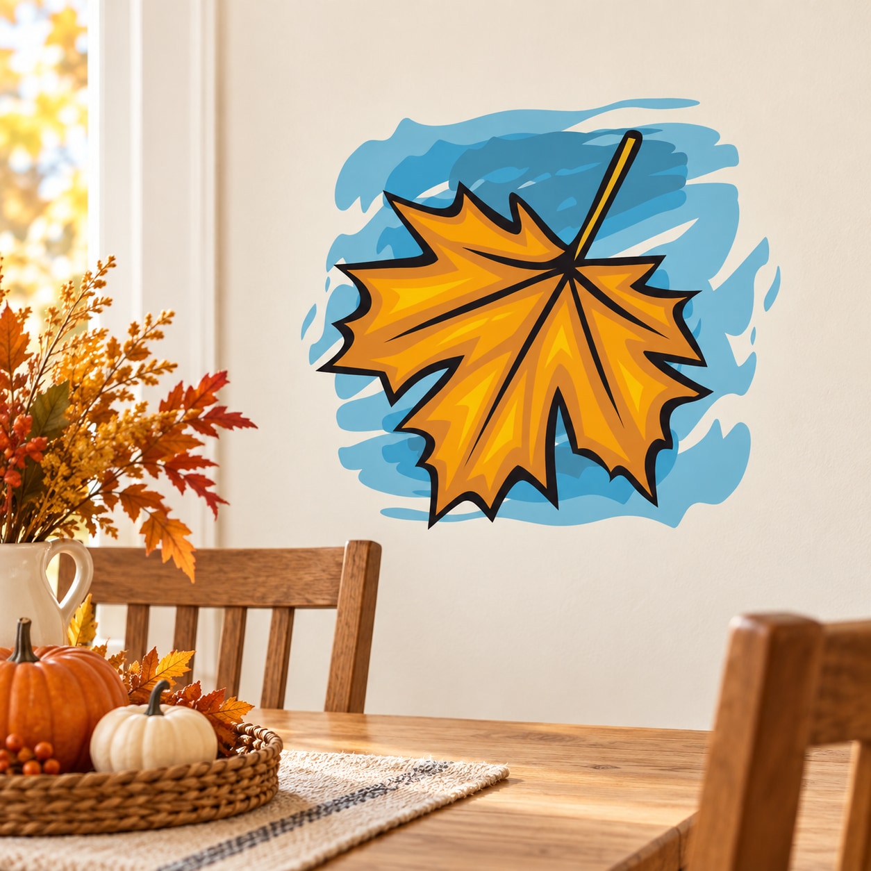 Thanksgiving falling leaf sticker, orange and yellow maple leaf with black stem on blue splash