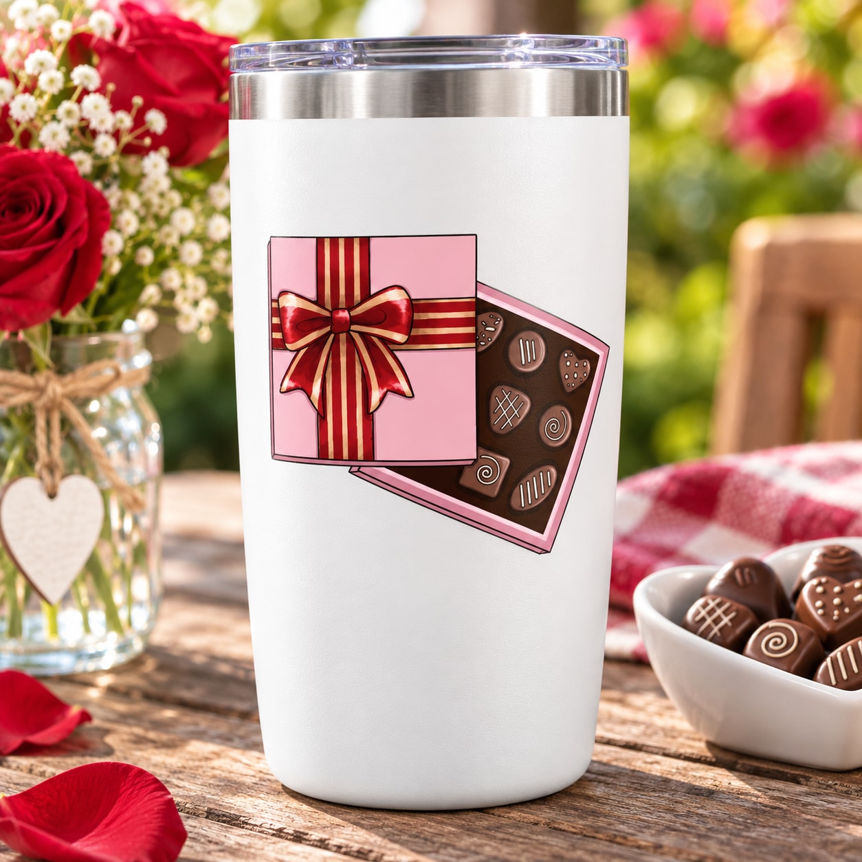 Valentine's Day chocolates sticker: pink gift box with bow on a white tumbler