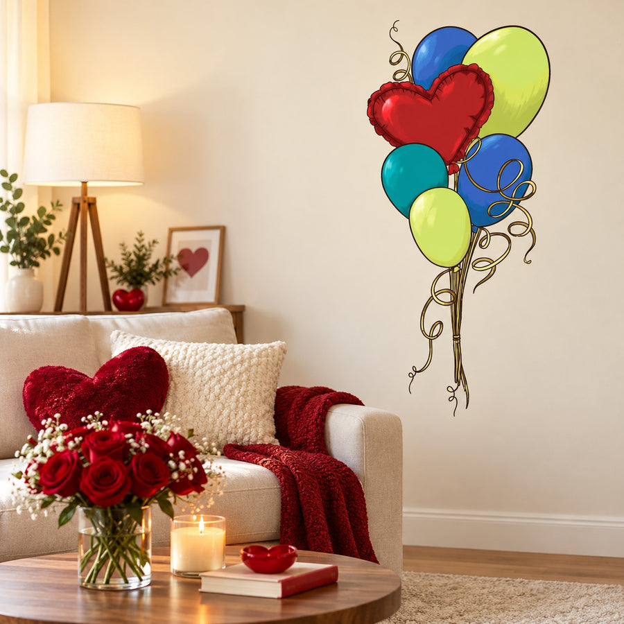 Valentine's balloon wall sticker with red heart, blue green yellow balloons and curled strings