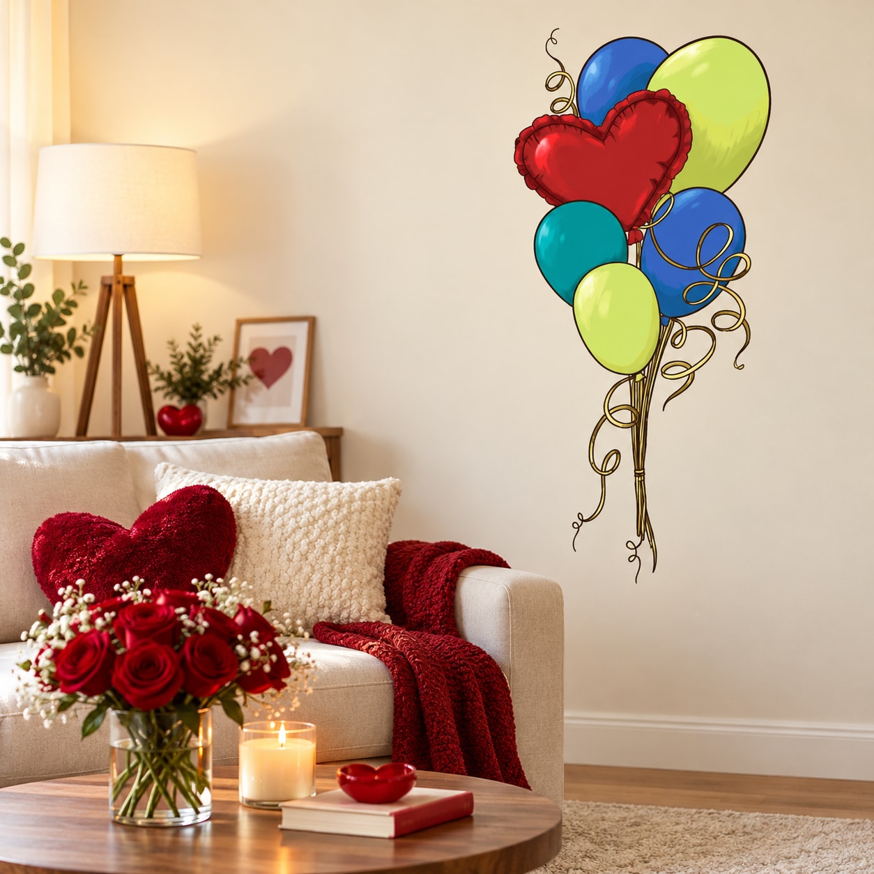 Valentine's balloon wall sticker with red heart, blue green yellow balloons and curled strings