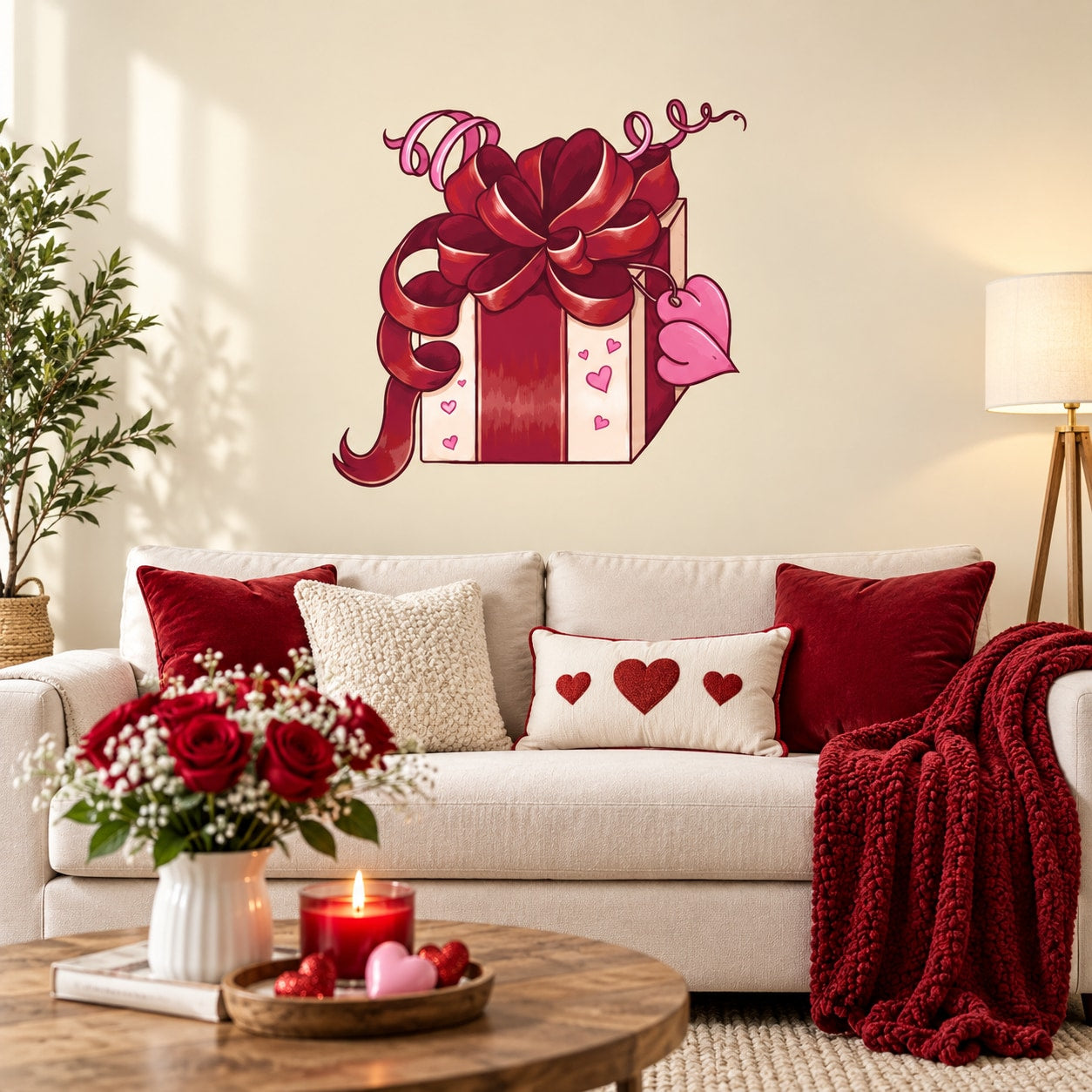 Valentine gift sticker wall decal with red bow and heart details