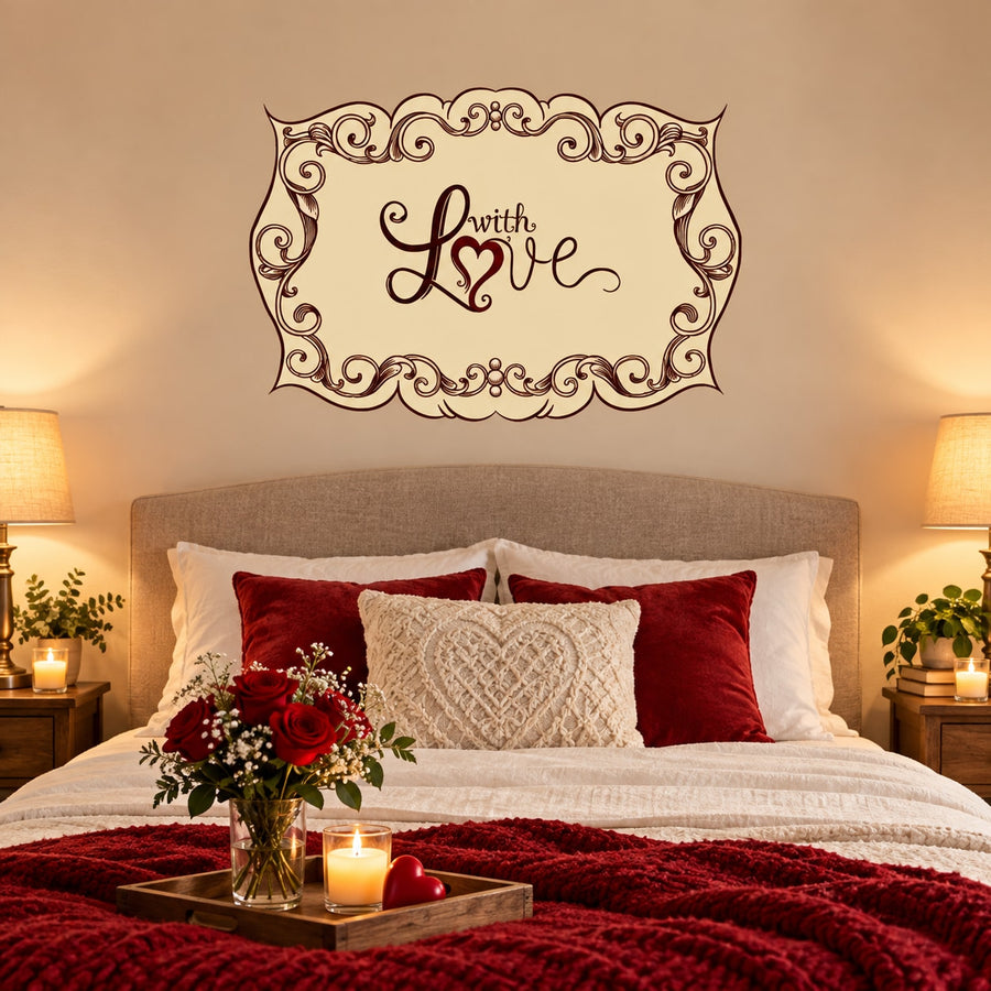 Rectangular beige sticker with ornate gold border, text "with Love"