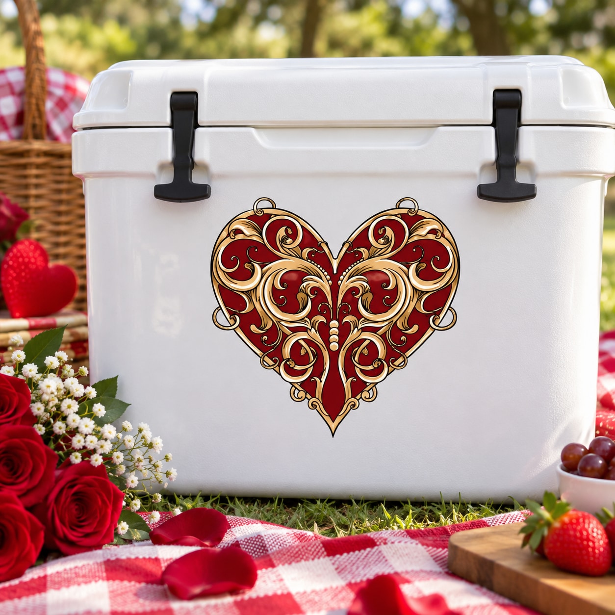 Ornate red and gold heart sticker for Valentine’s Day