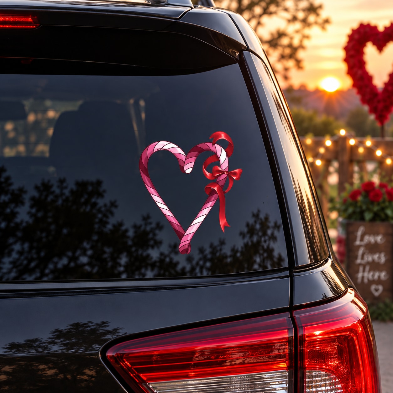 Candy-striped heart loop sticker with red bow on car window