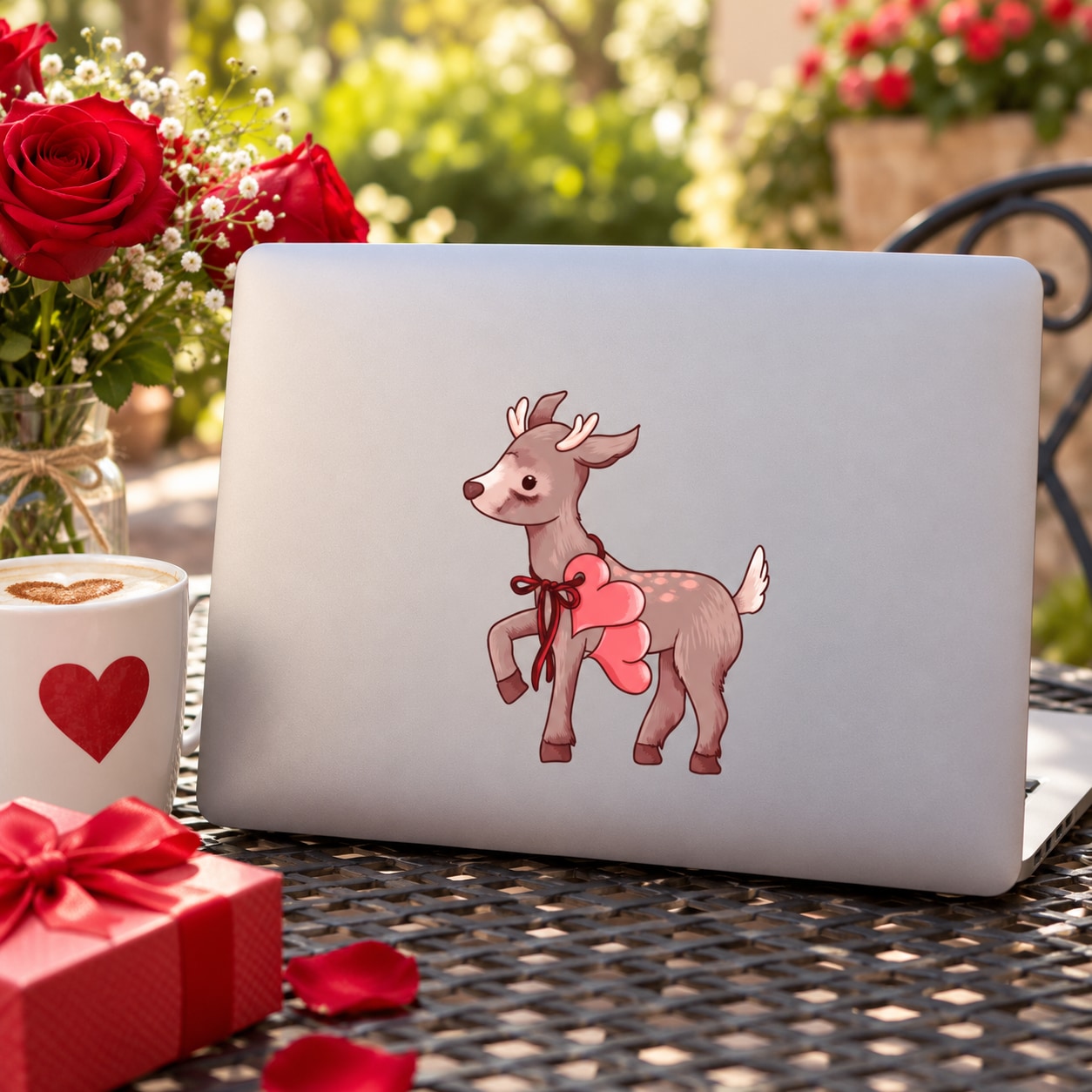 Valentine deer sticker with cartoon deer holding red hearts and bow