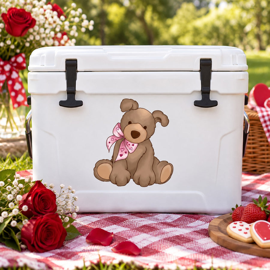Valentine's Day dog plush sticker with brown puppy and pink heart bow