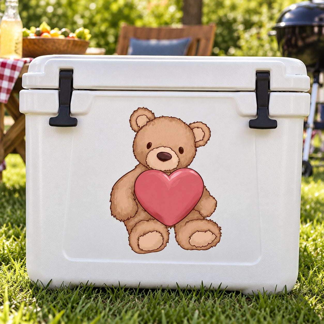 Valentine teddy bear sticker with plush bear holding a pink heart on white surface