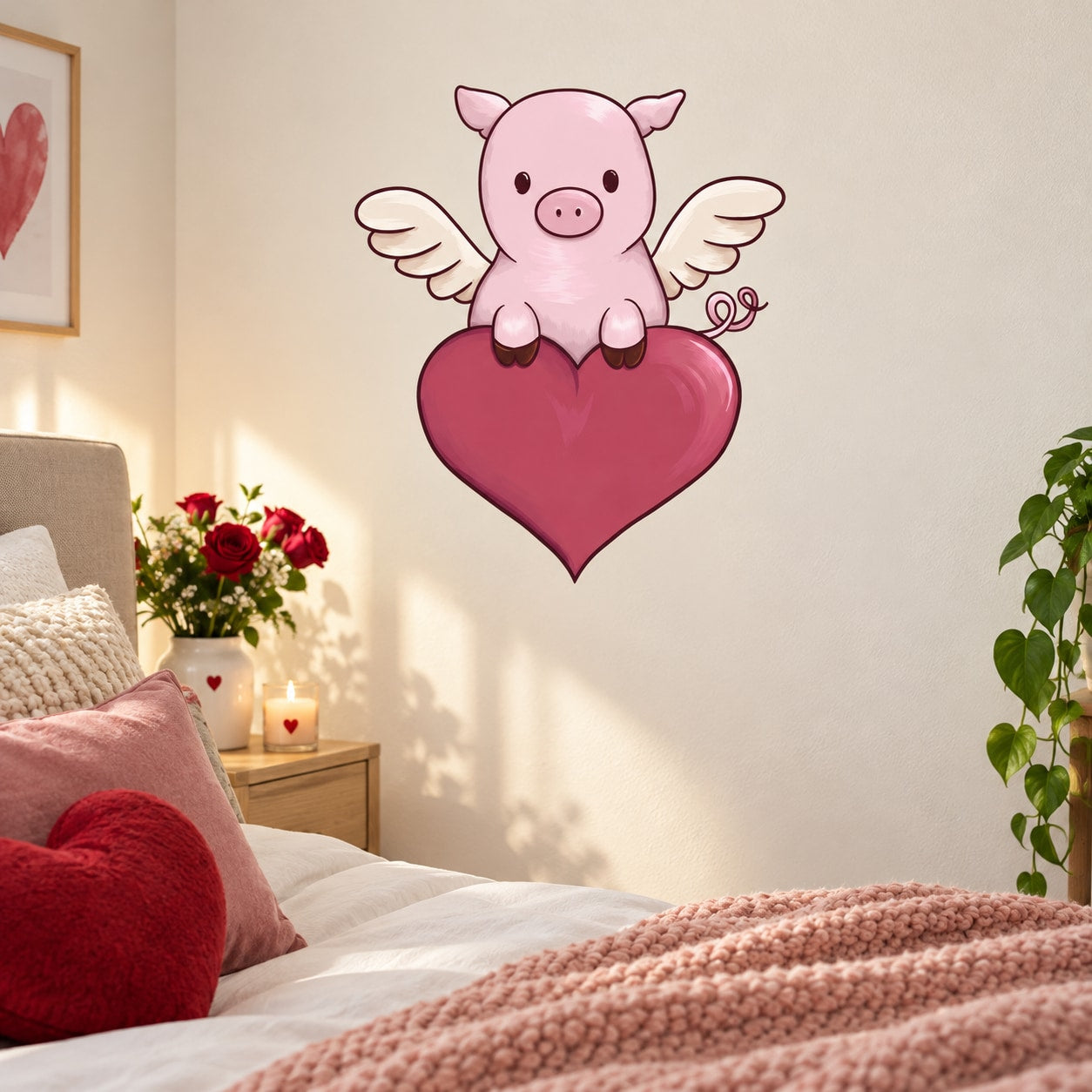 Valentine pig with wings sticker on red heart, pink pig, outlined cartoon style