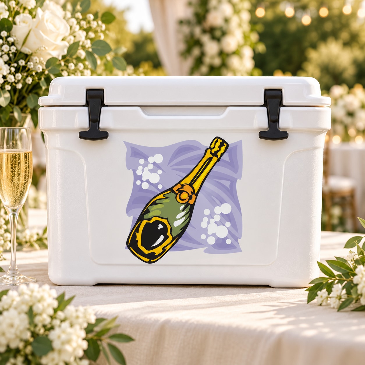 Purple wedding champagne sticker with champagne bottle and bow design on white cooler