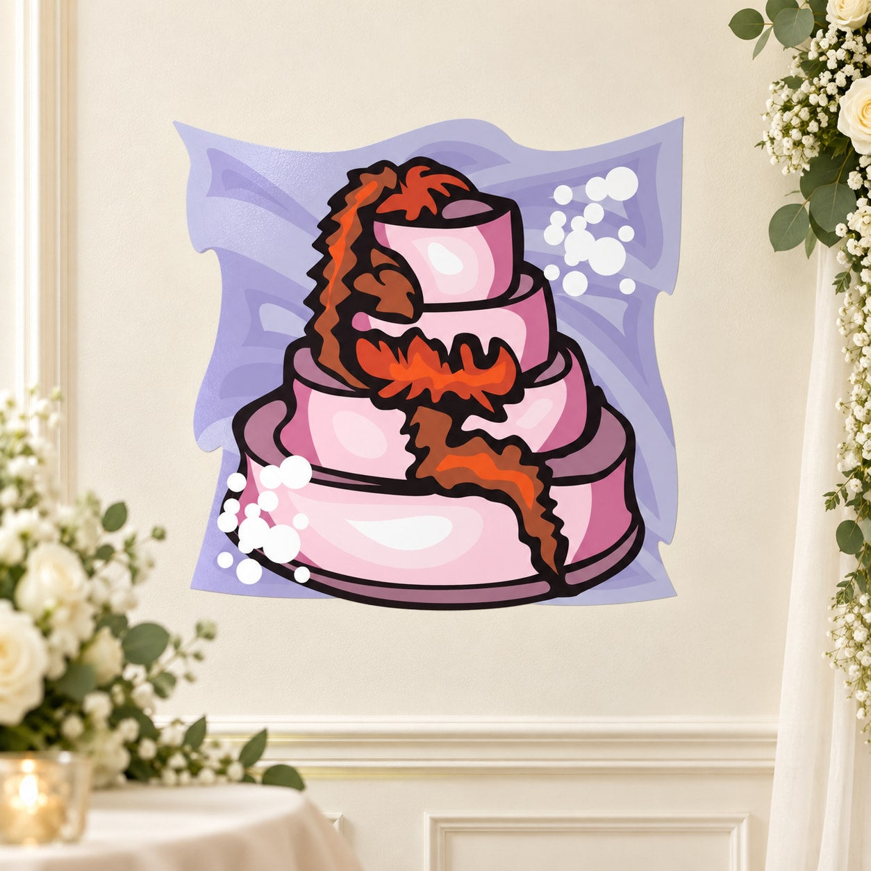 Wedding cake sticker with cartoon cake on lavender bow with pearl dots