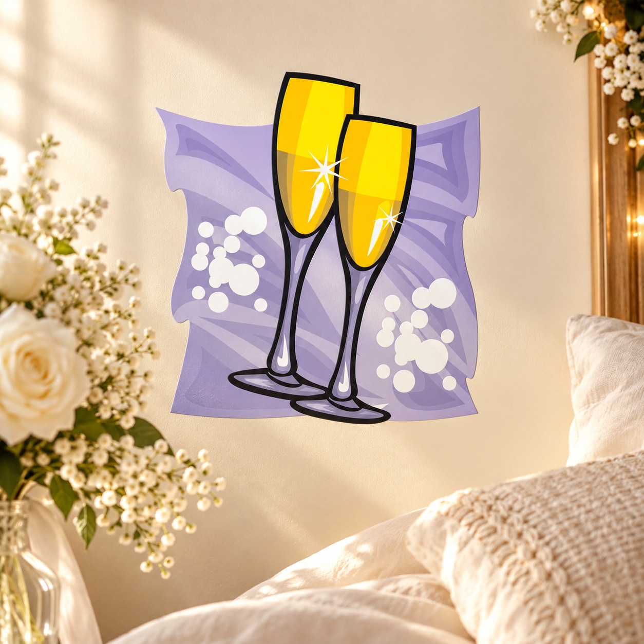 Champagne flute sticker with two clinking purple bow design and gold-yellow champagne
