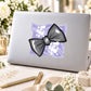 Wedding bow tie sticker with black bow, purple backing, and white pearl details