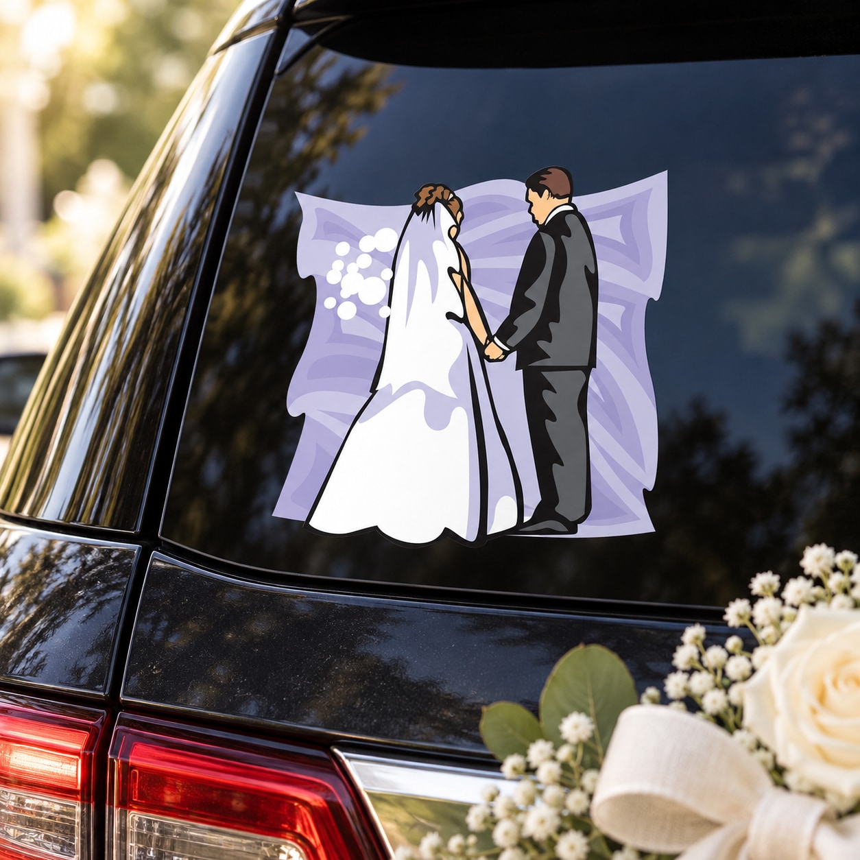 Wedding couple holding hands sticker with bride and groom on light purple backdrop