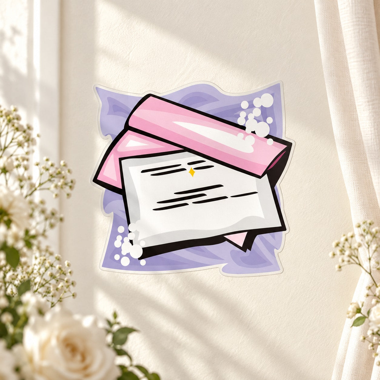 Wedding invitation sticker with pink ribbon and white card illustration on purple frame