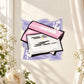 Wedding invitation sticker with pink ribbon and white card illustration on purple frame