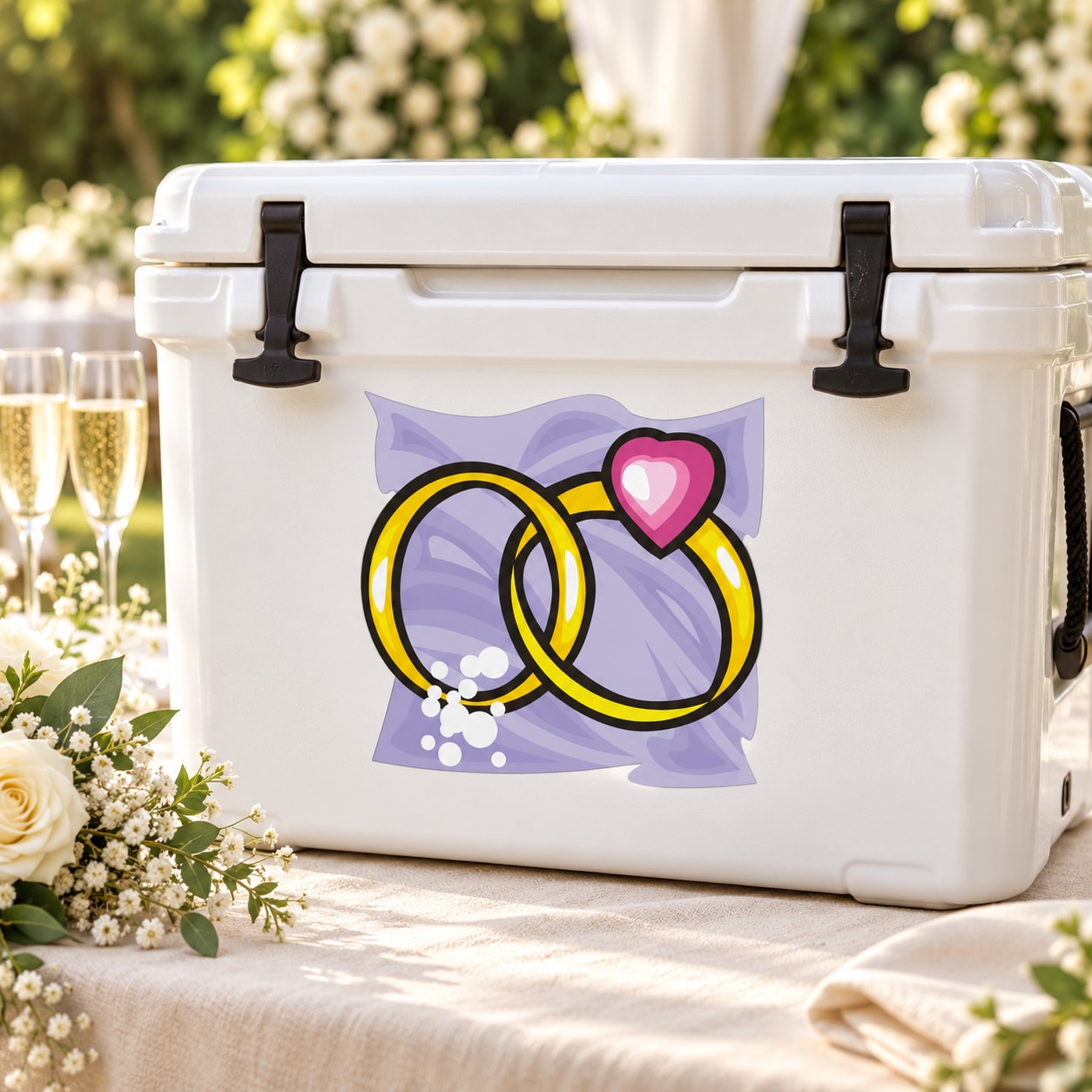 Interlocking wedding rings sticker with heart accent on purple background