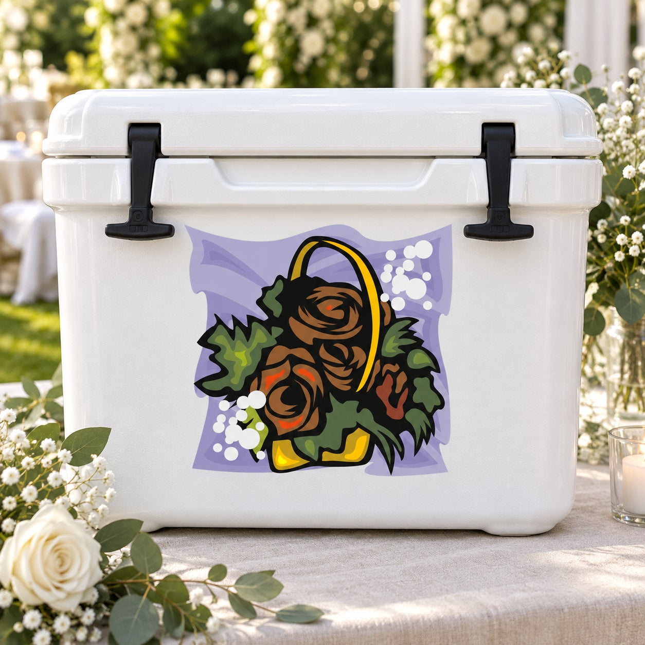 Wedding bouquet flower basket sticker with bouquet icon on purple banner, dark floral design