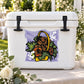 Wedding bouquet flower basket sticker with bouquet icon on purple banner, dark floral design
