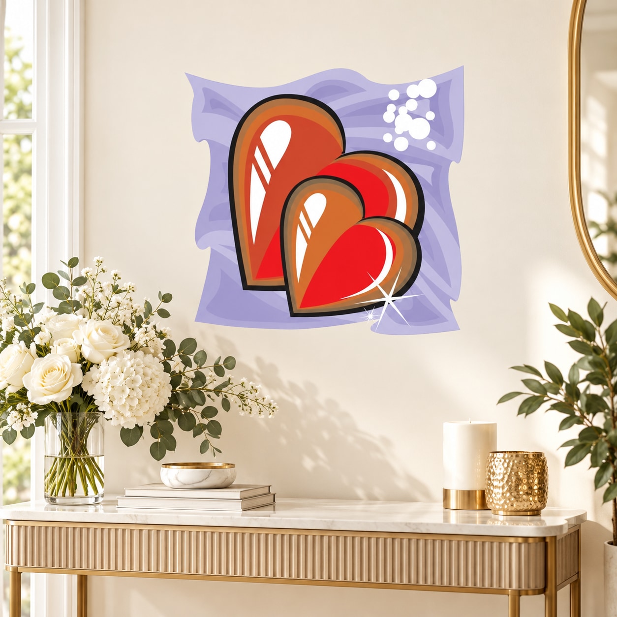 Wedding overlapping hearts sticker with three stacked red and orange hearts on purple square