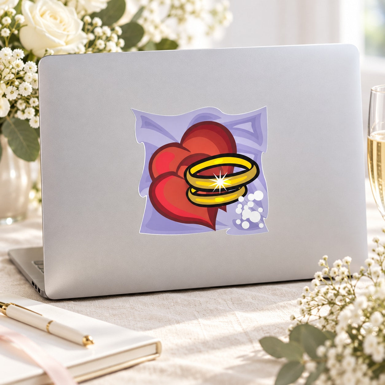 Wedding heart and ring sticker with red hearts and gold ring sparkles