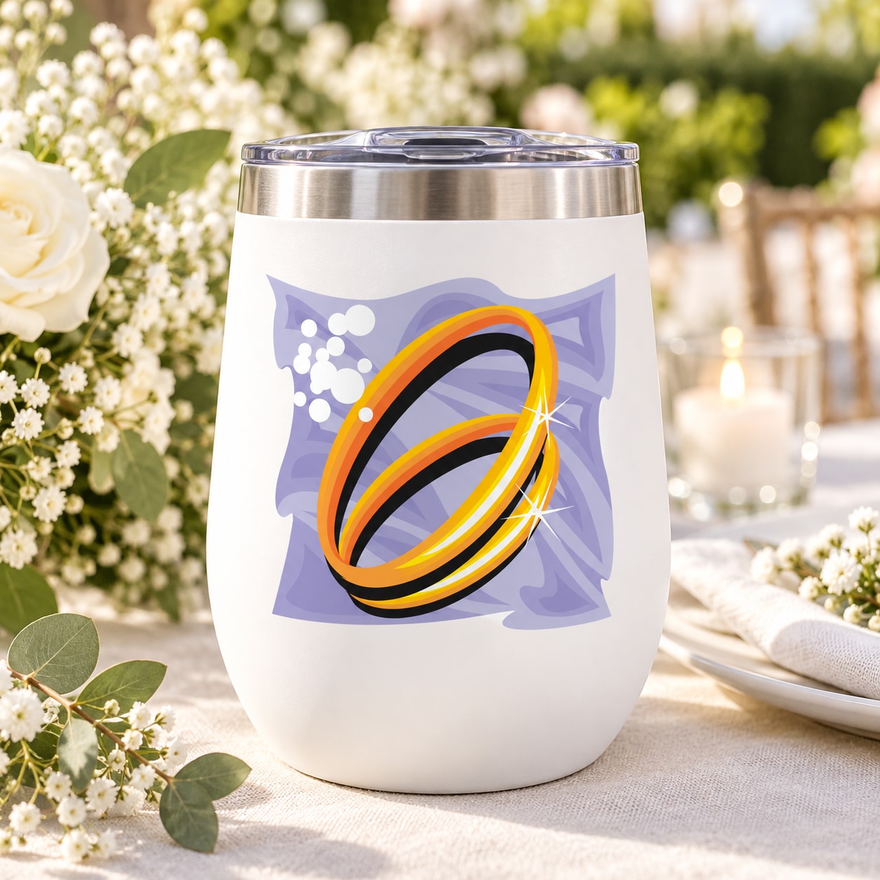 Wedding rings decal on white tumbler, purple heart background with golden interlocking rings