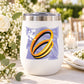 Wedding rings decal on white tumbler, purple heart background with golden interlocking rings