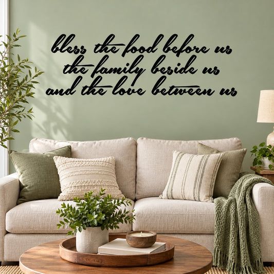 Wall decal: “Bless the food before us” quote in black script