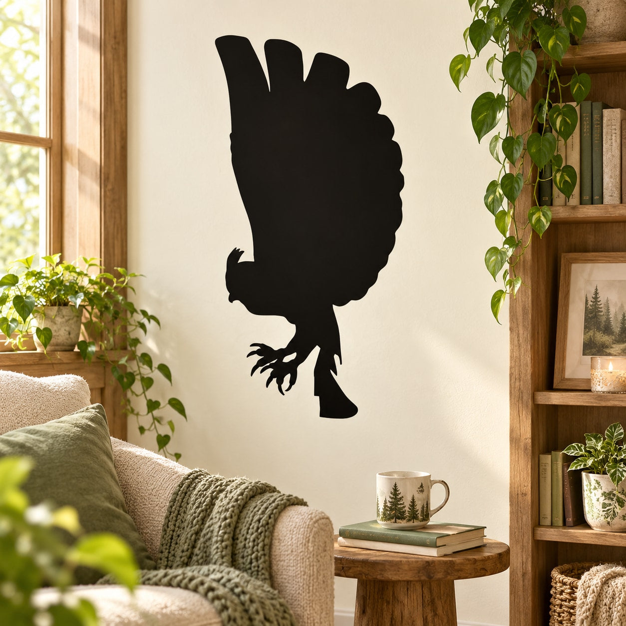 Black horned owl silhouette decal with extended wings and talons