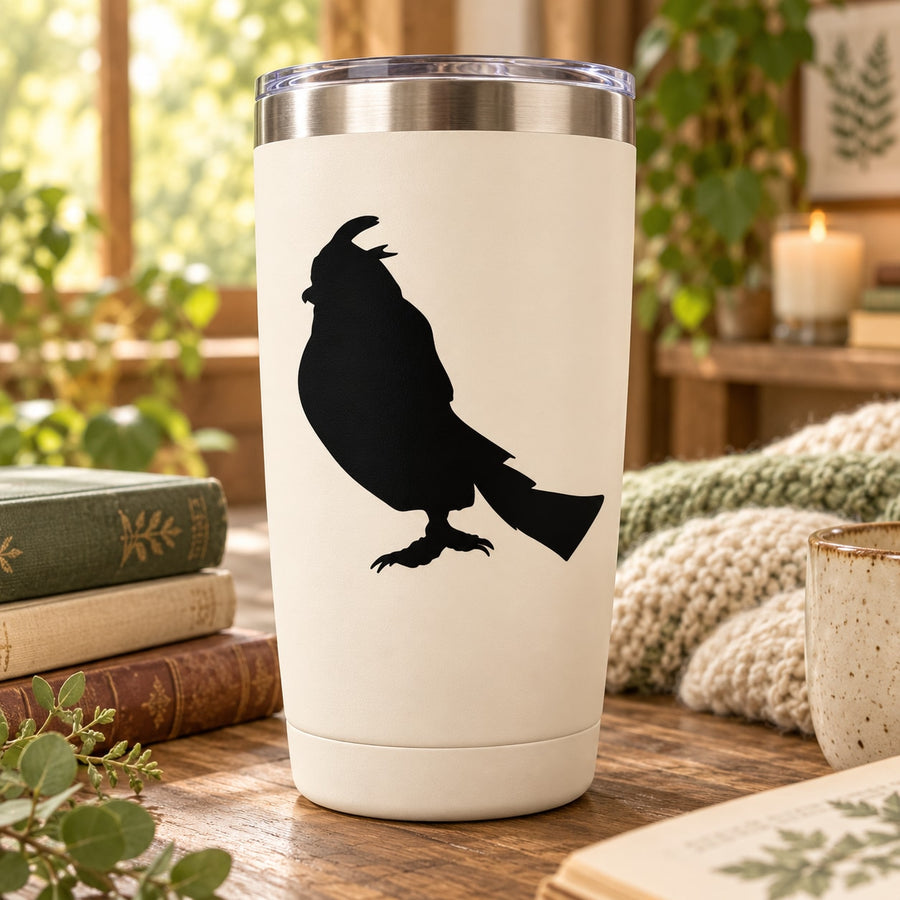 Horned owl observing decal on white tumbler, black silhouette