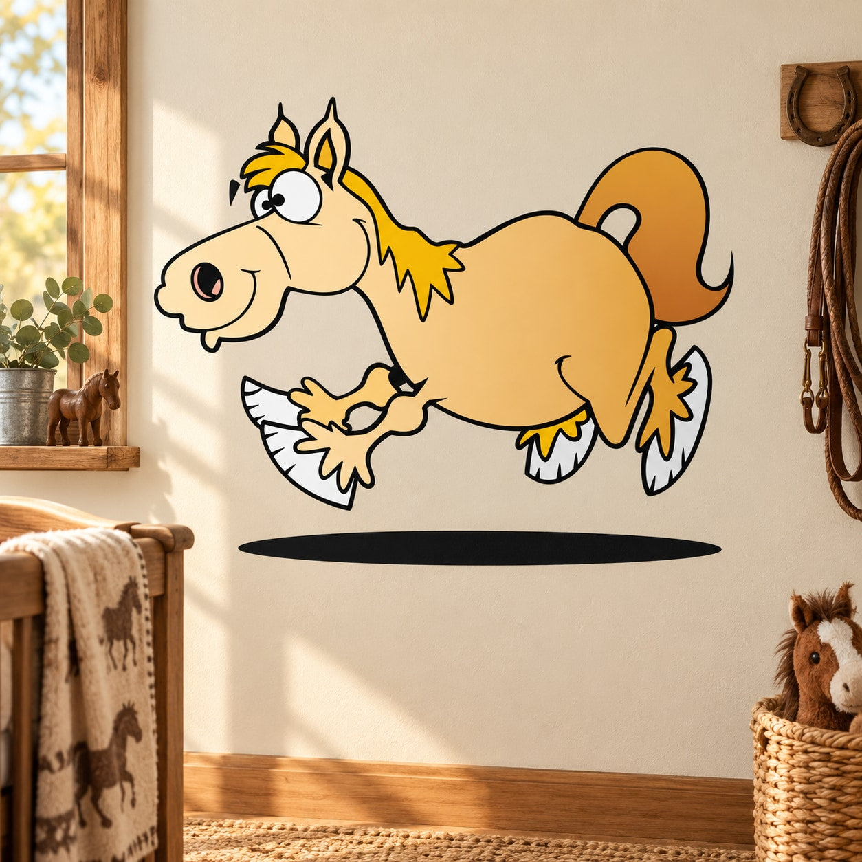 Cartoon leaping horse sticker with yellow mane and brown body, outlined in black