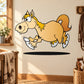 Cartoon leaping horse sticker with yellow mane and brown body, outlined in black