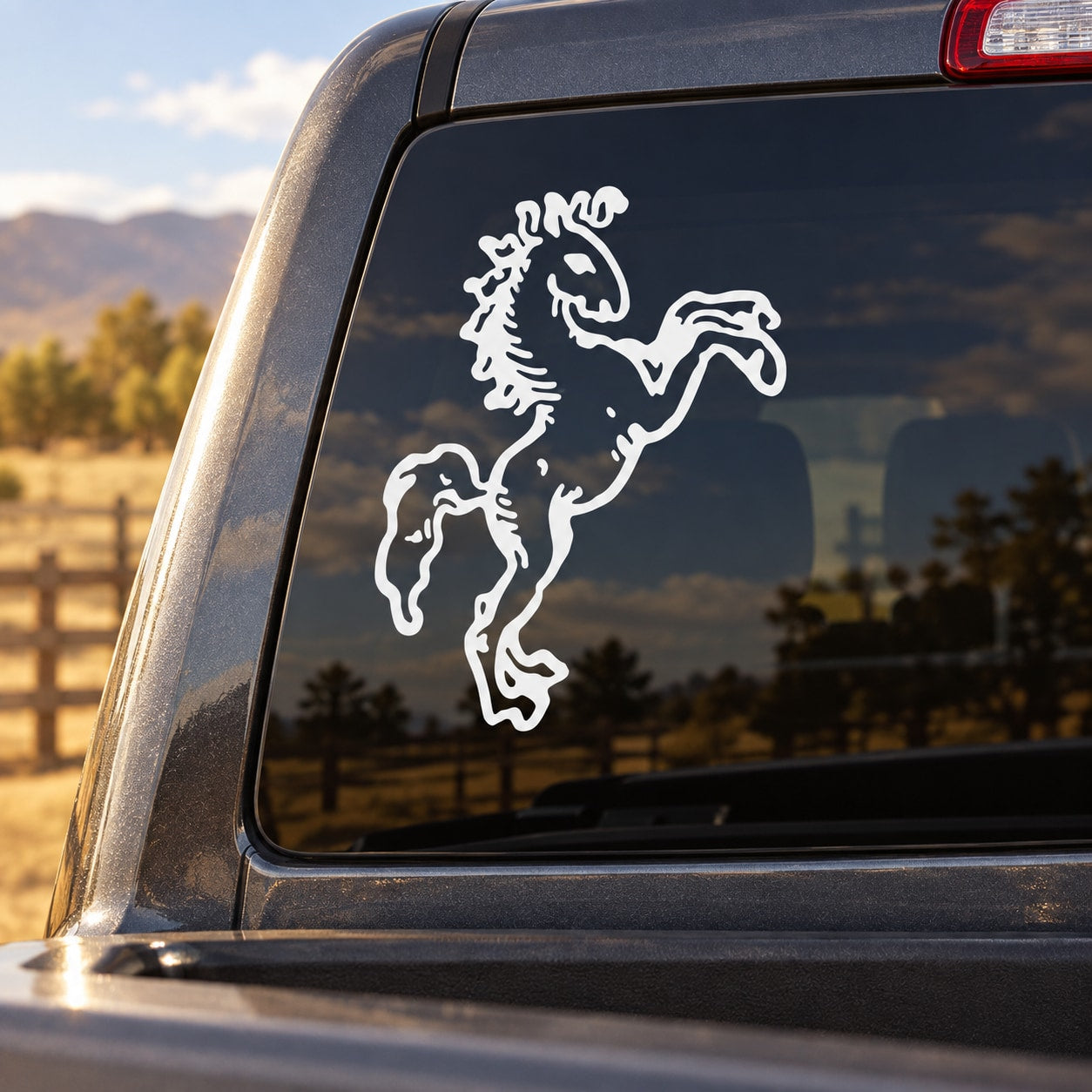Ancient art style horse window decal, white outline of rearing horse with ornate details