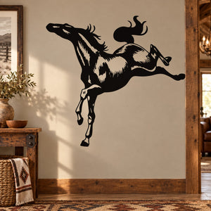 Black horse wall decal in dynamic jumping pose with flowing mane and tail