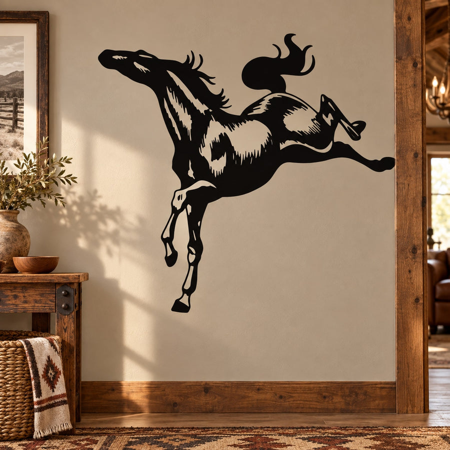 Black horse wall decal in dynamic jumping pose with flowing mane and tail