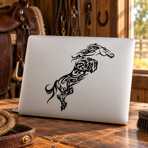Leaping horse swirl decal on white laptop lid