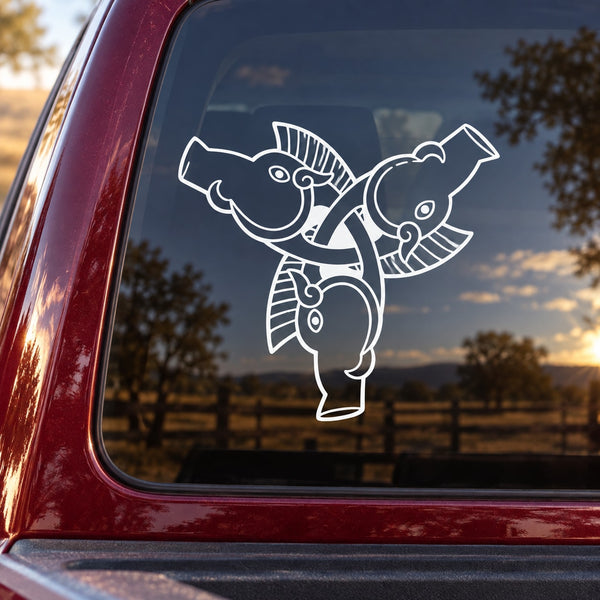 Interlocking warthog boar window decal, white outline graphic on car glass